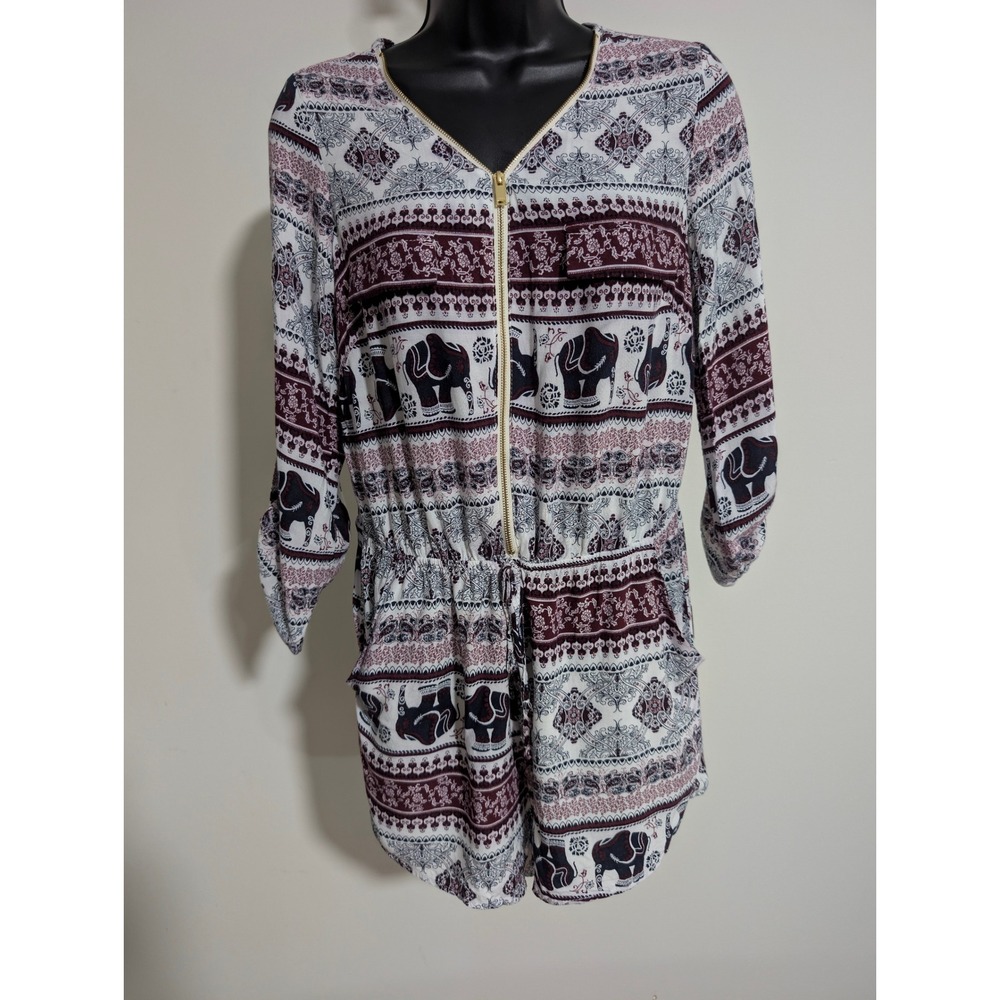 Rue21 Romper White Purple Elephant Boho Print 3/4 Sleeve Zip Front Medium